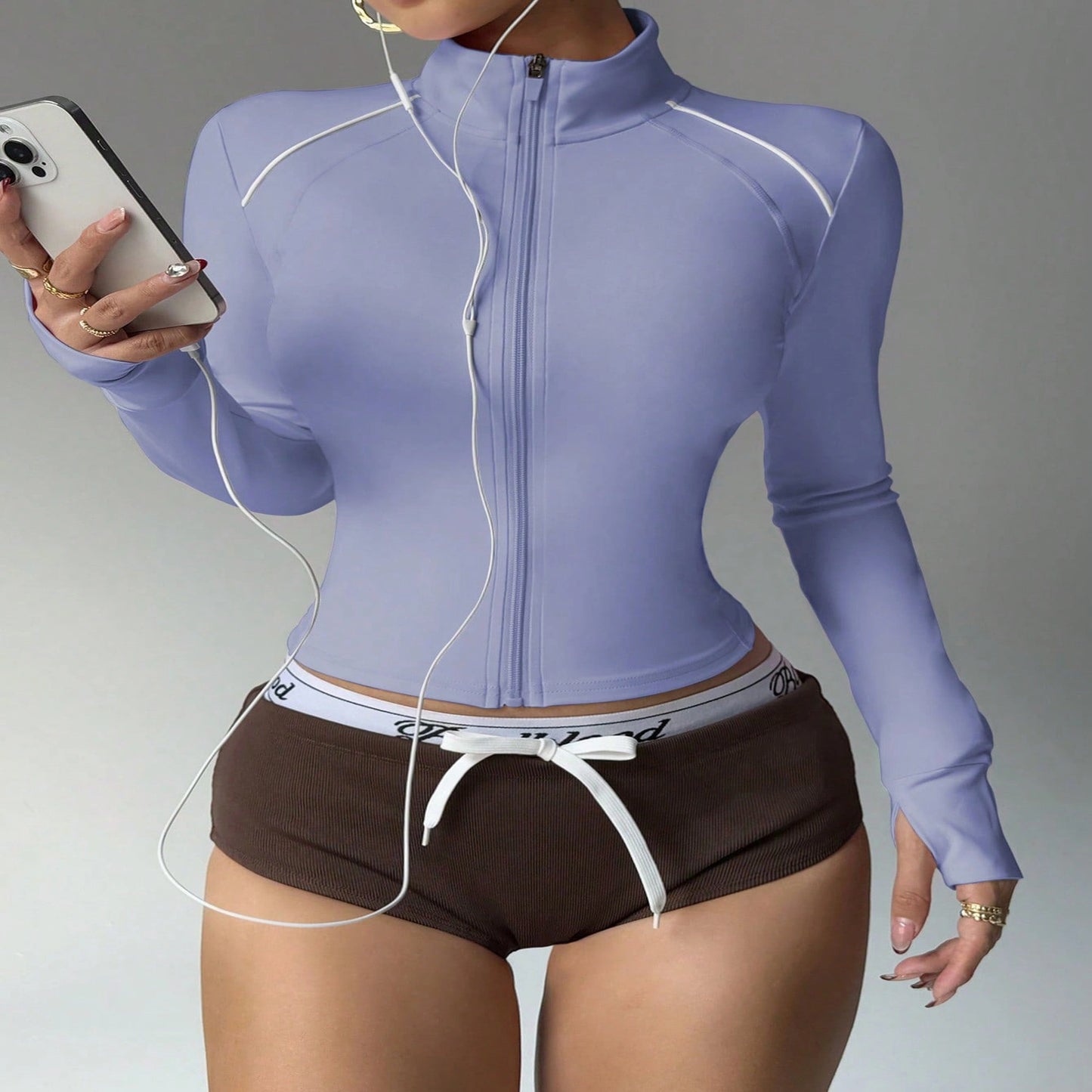 Short Contrast Color Sports Yoga Jacket Fitness Zip Long Sleeve Coat