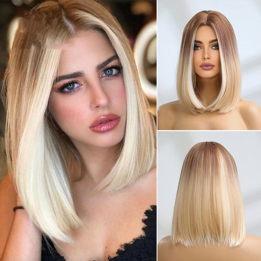 غطاء شعر مستعار شبكي وردي مجعد متوسط الطول متدرج اللون
