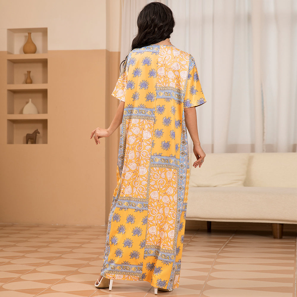 Sweet V-neck Printing Tassel Regular Sleeve Long Dresses