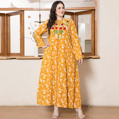 Sweet Round Neck Flowers Plant Embroidery Bandage Regular Sleeve Plus Size Dresses