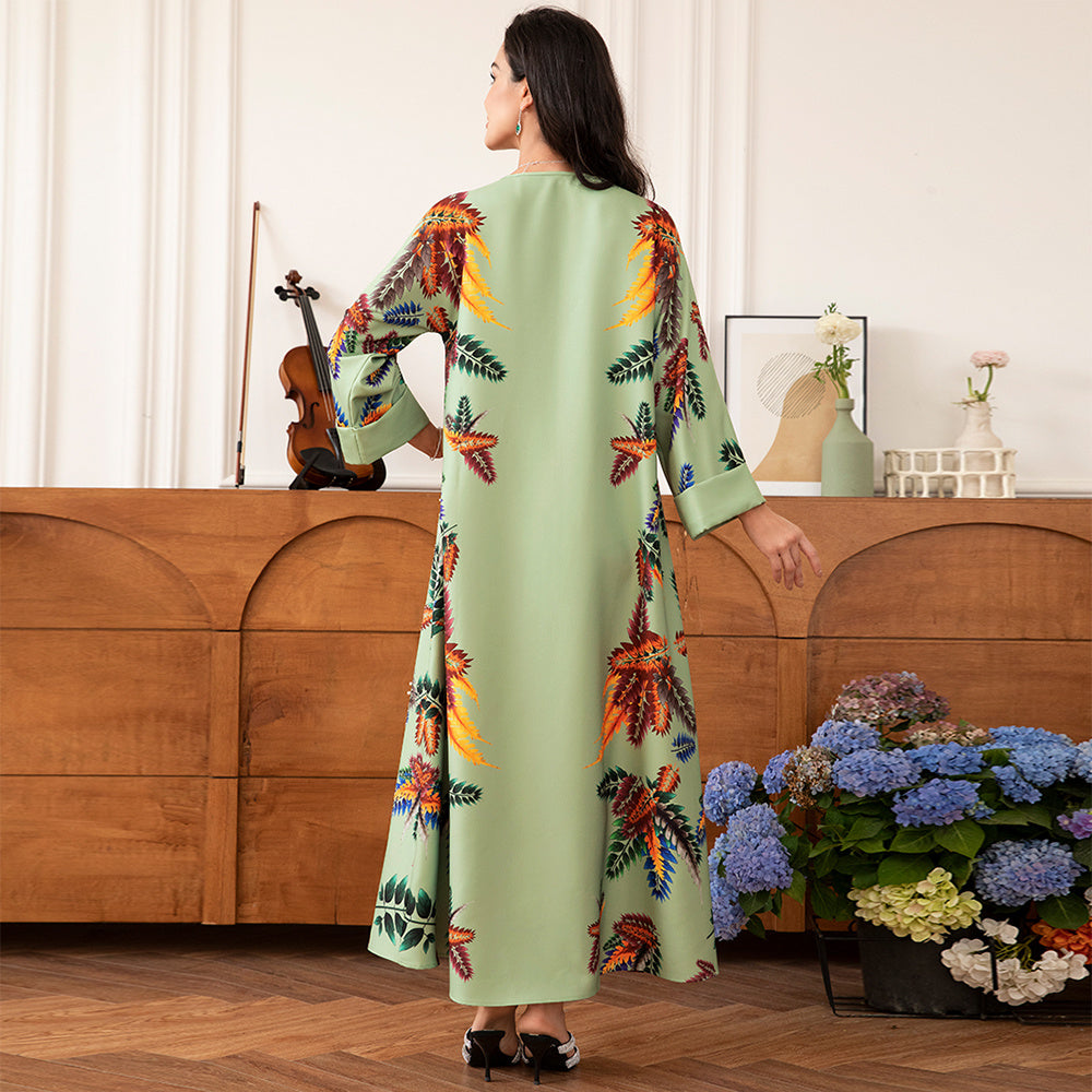 Elegant Style Holiday Style Round Neck Flowers Plant Bead Rhinestone Regular Sleeve Kaftan Light Green