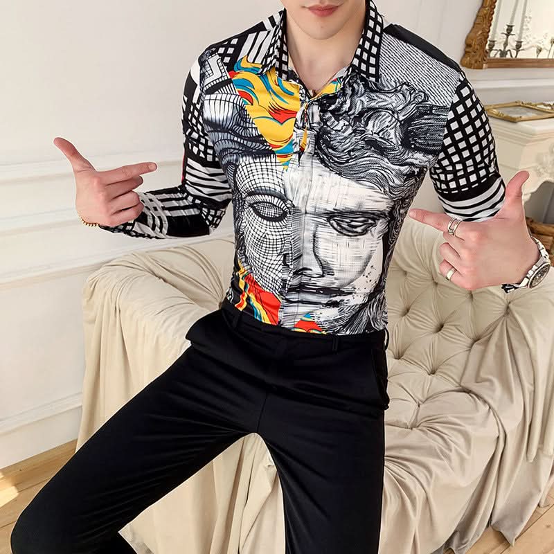 Black Rose Pattern Digital Printing Men's Long-sleeved Shirt