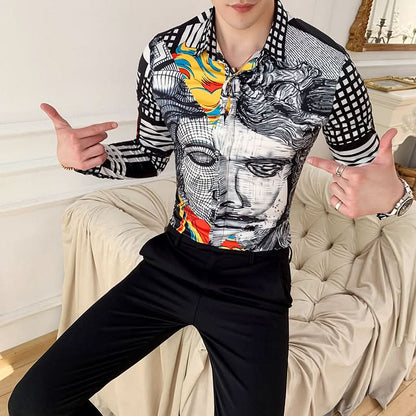 Black Rose Pattern Digital Printing Men's Long-sleeved Shirt