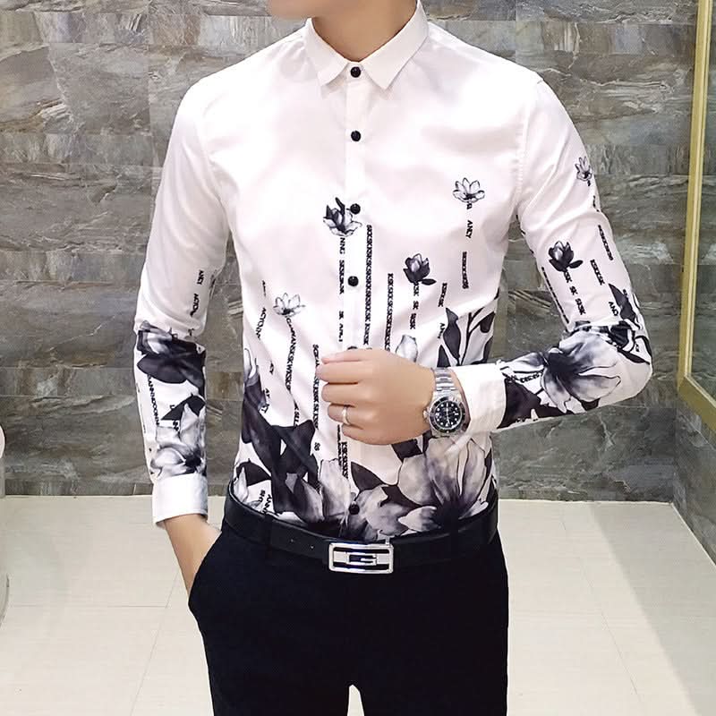 Black Rose Pattern Digital Printing Men's Long-sleeved Shirt