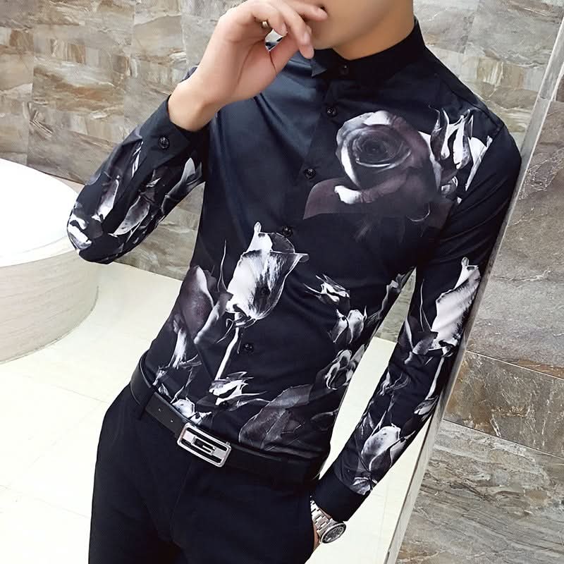 Black Rose Pattern Digital Printing Men's Long-sleeved Shirt