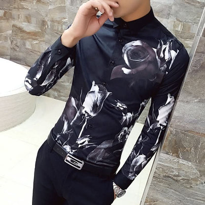 Black Rose Pattern Digital Printing Men's Long-sleeved Shirt