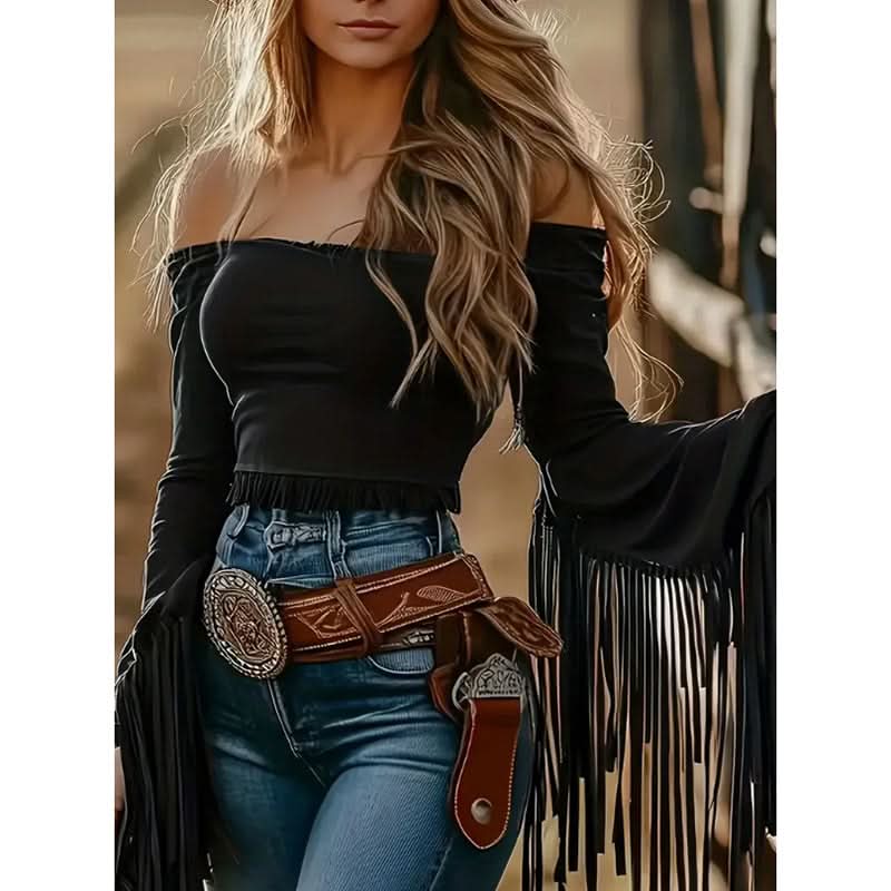 تي شيرت نسائي غربي مثير بدون أكتاف وأكمام طويلة مع بلوزة مزينة بشراشيب