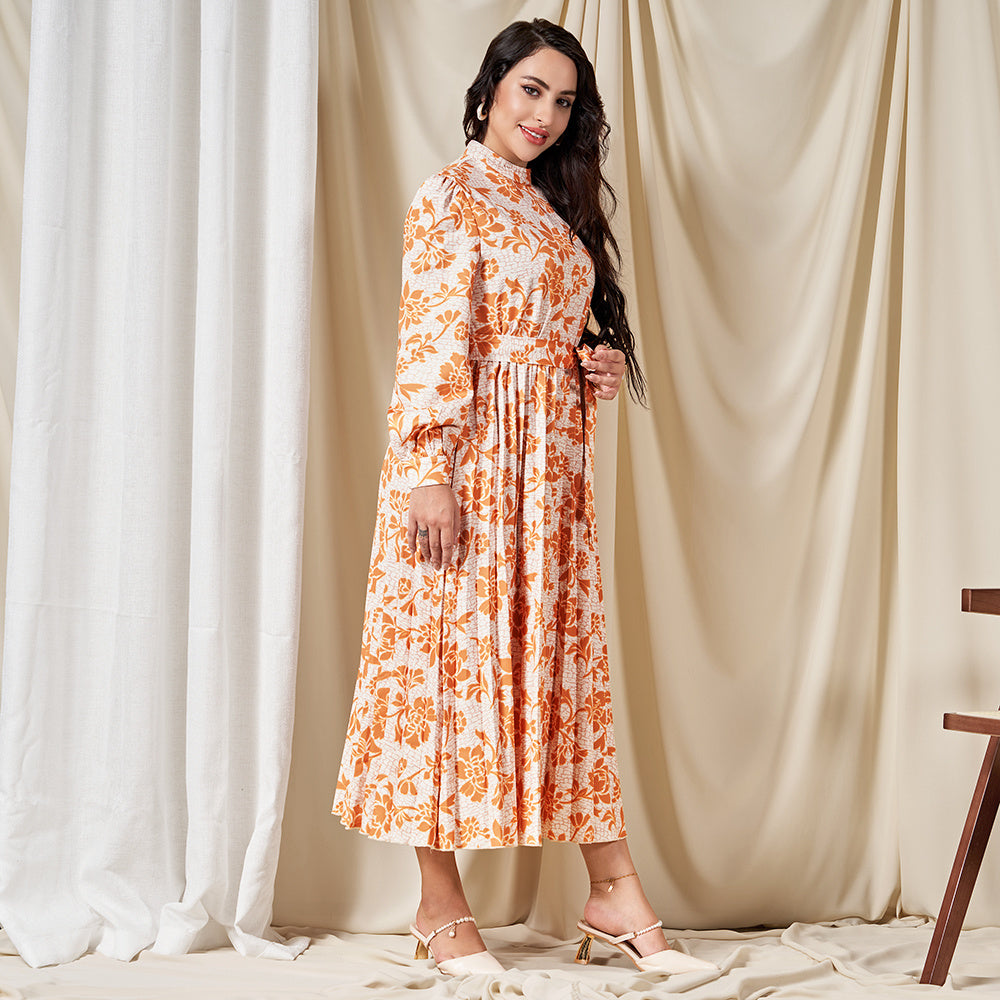 Sweet High Collar Flowers Pleated Belt Shirt Sleeve Mid Dresses