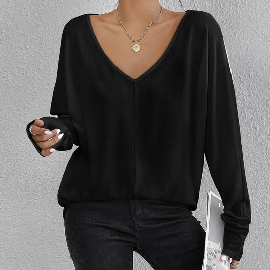 Women's Fashion New Solid Color V-neck Batwing Sleeve T-shirt Casual Long Sleeved Top