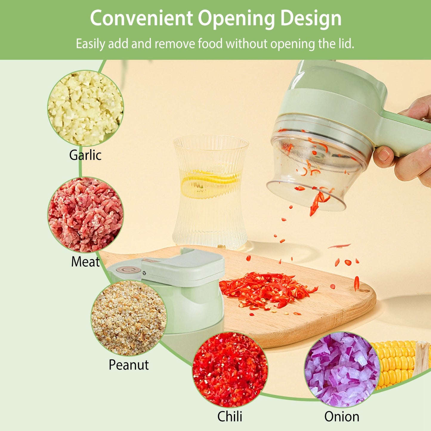 1 Set 4 In 1 Handheld Electric Vegetable Cutter Mini Food Fruit Chopper Grinder Slicer Dicer Garlic Meat Ginger Mud Masher Rechargeable Food Processor