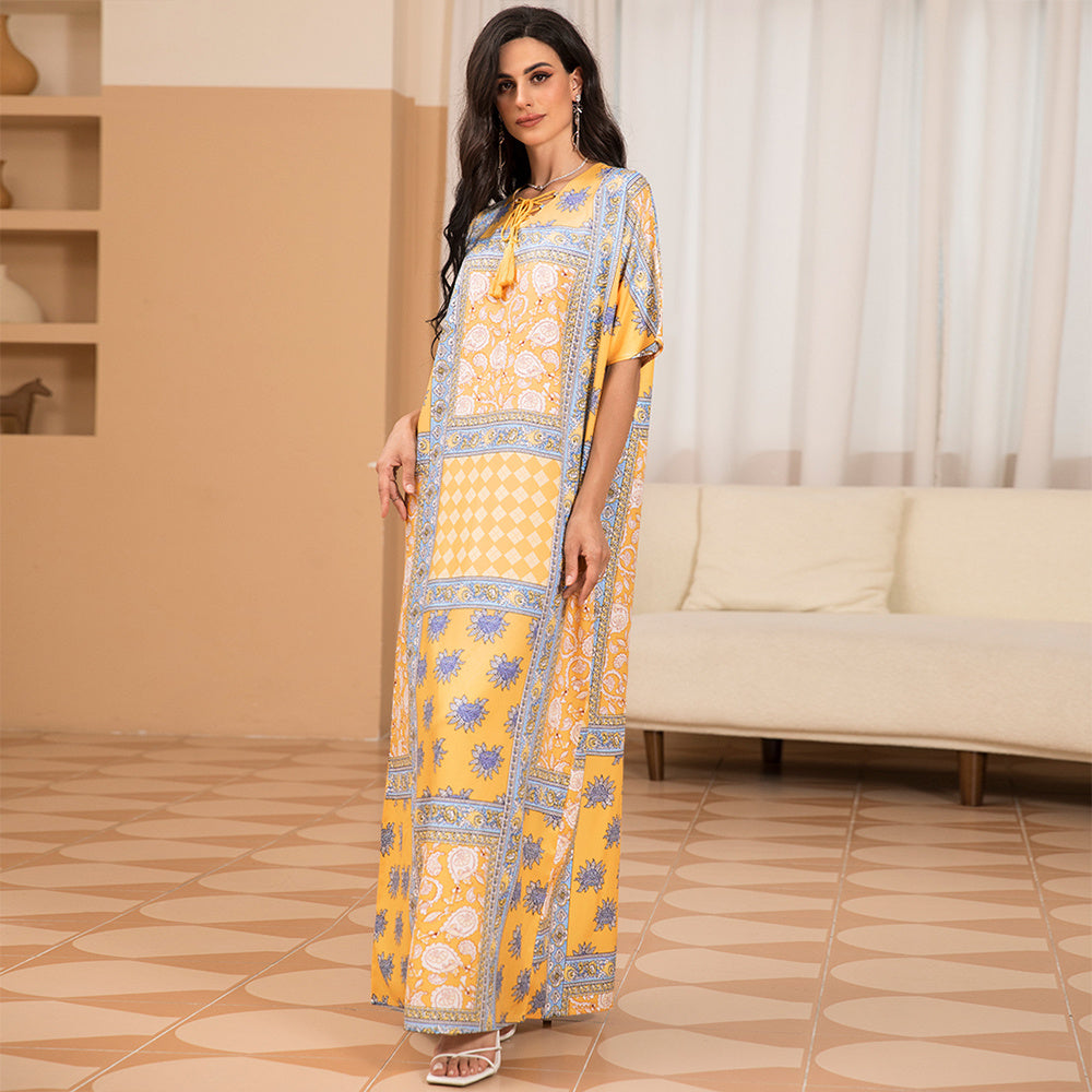 Sweet V-neck Printing Tassel Regular Sleeve Long Dresses