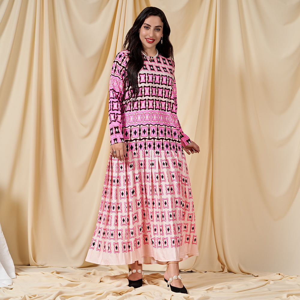 Sweet Round Neck Printing Pleated Regular Sleeve Long Dresses