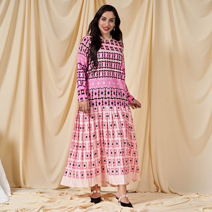 Sweet Round Neck Printing Pleated Regular Sleeve Long Dresses