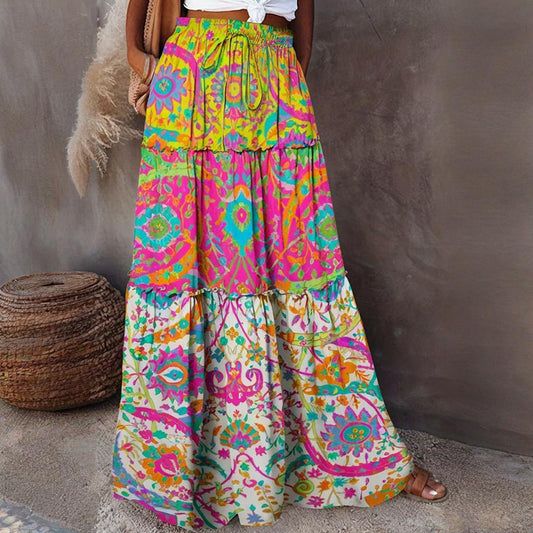 Women's Color Block Floral Print Maxi Skirt With Elastic Drawstring Waist - Bohemian Beach Skirt For Spring&Summer Vacation