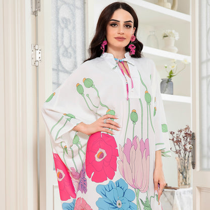 Holiday Style Sweet Round Neck Flowers Plant Raglan Sleeve Long Dresses White
