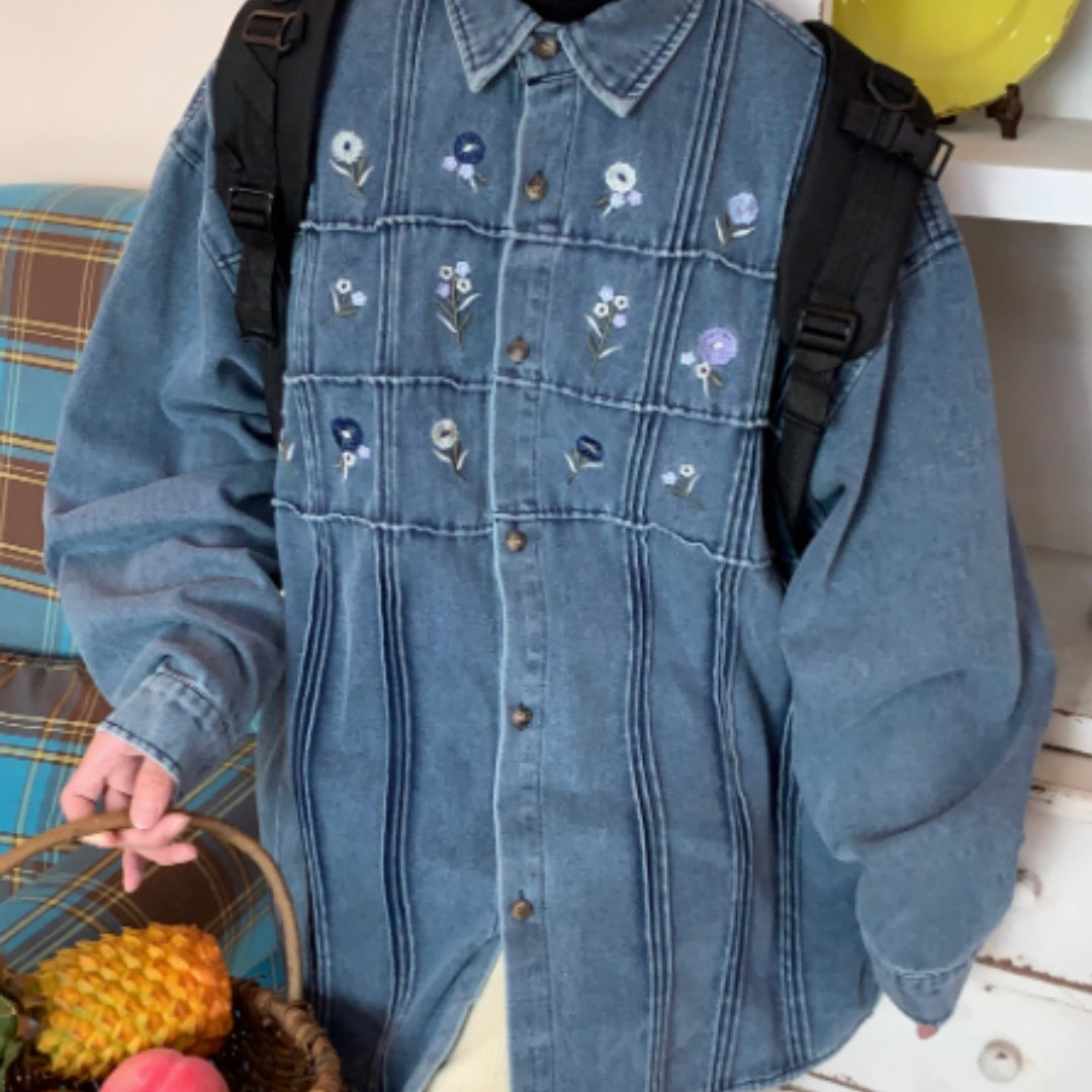 Vintage Small Floral Pleated Washed Denim Long Sleeved Shirt