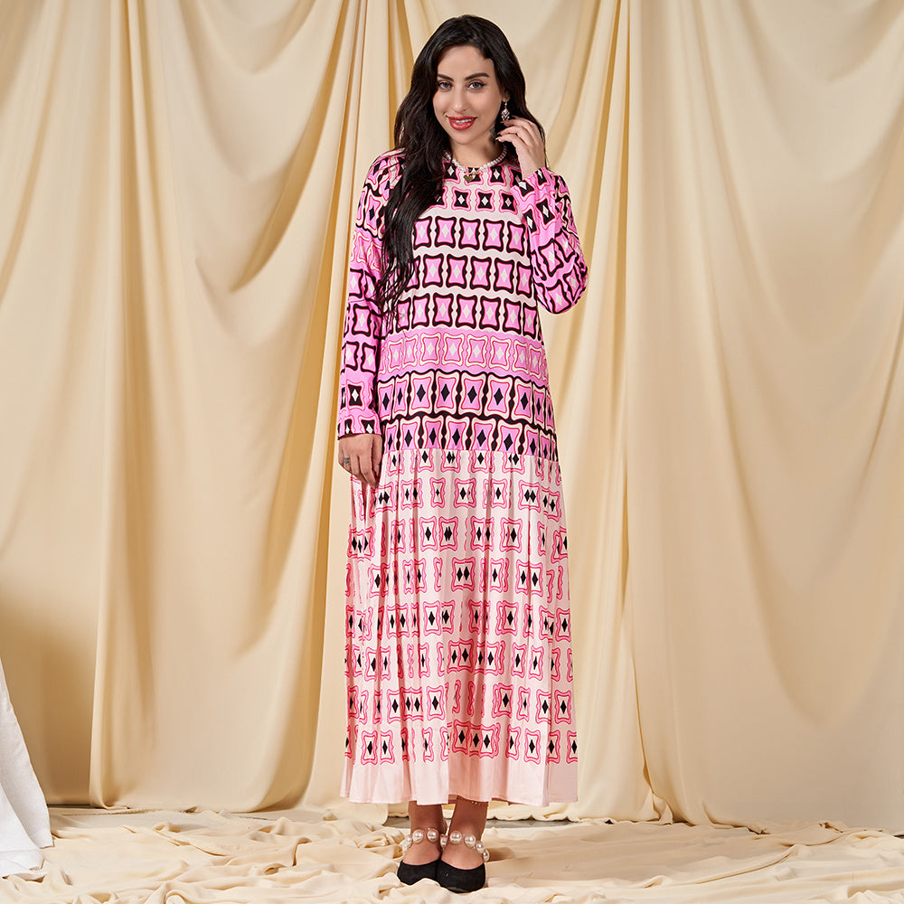 Sweet Round Neck Printing Pleated Regular Sleeve Long Dresses