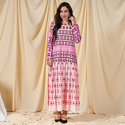 Sweet Round Neck Printing Pleated Regular Sleeve Long Dresses