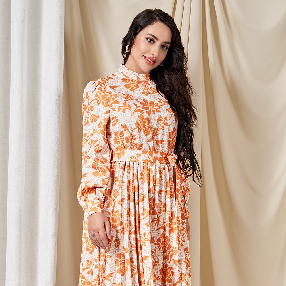Sweet High Collar Flowers Pleated Belt Shirt Sleeve Mid Dresses