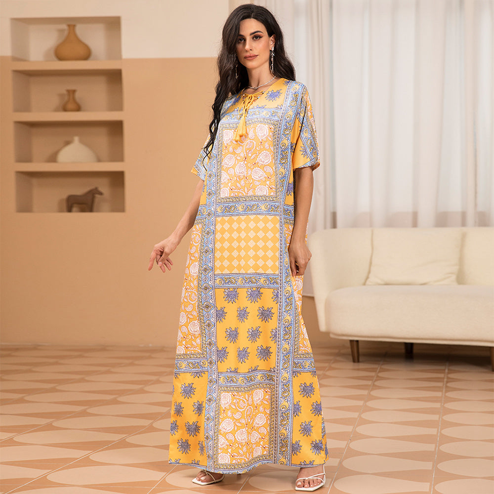 Sweet V-neck Printing Tassel Regular Sleeve Long Dresses