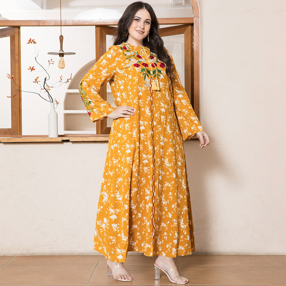 Sweet Round Neck Flowers Plant Embroidery Bandage Regular Sleeve Plus Size Dresses