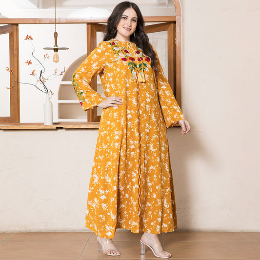 Sweet Round Neck Flowers Plant Embroidery Bandage Regular Sleeve Plus Size Dresses