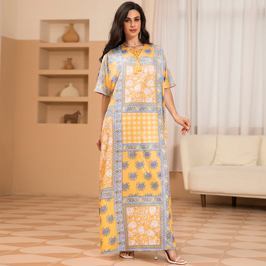 Sweet V-neck Printing Tassel Regular Sleeve Long Dresses
