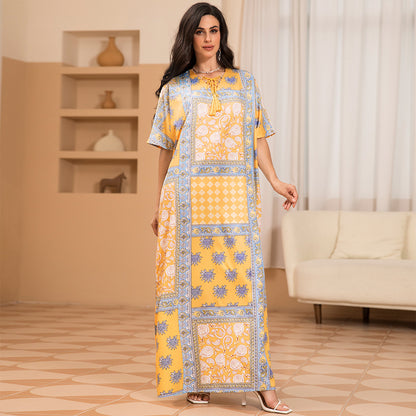 Sweet V-neck Printing Tassel Regular Sleeve Long Dresses