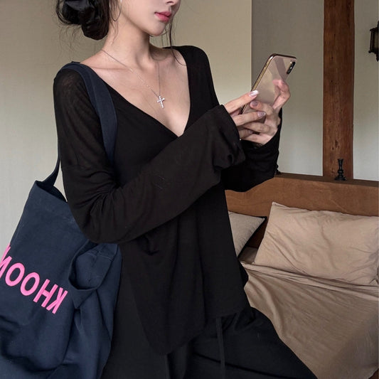 Women's Slim-transparent V-neck Long-sleeved Loose Sun Shield Casual Top