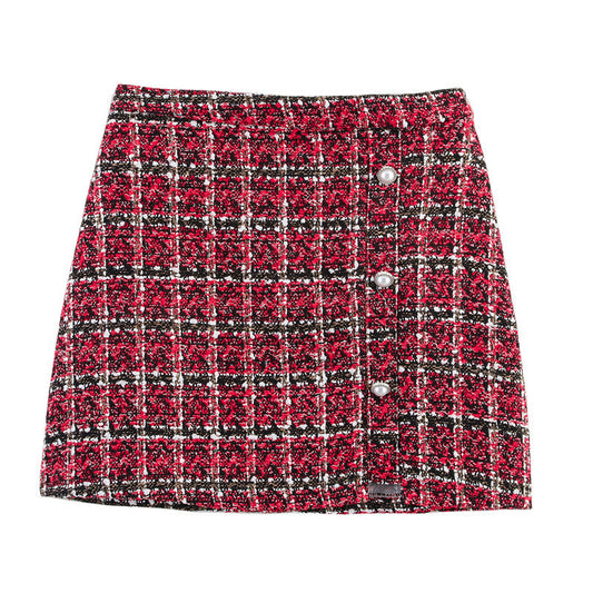 Women's Versatile Pearl Button Coarse Floral Plaid Half Skirt