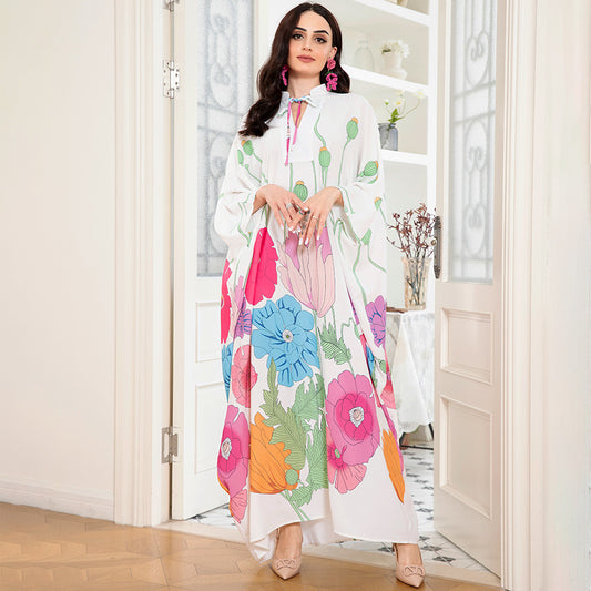 Holiday Style Sweet Round Neck Flowers Plant Raglan Sleeve Long Dresses White