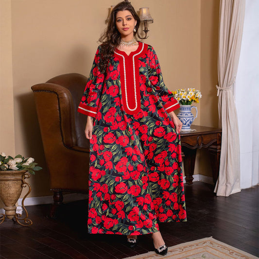 Sweet V-neck Color Contrast Ribbon Splicing Flared Sleeve Kaftan