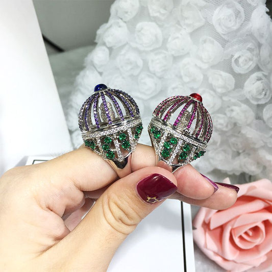Personalized Creative Birdcage Full Diamond Color Zircon Ring