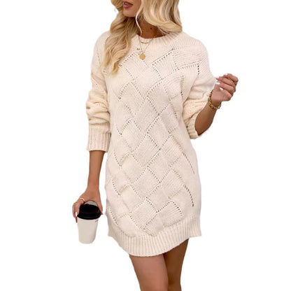 Round Neck Long Sleeve Rhombus Woven Hip Skirt