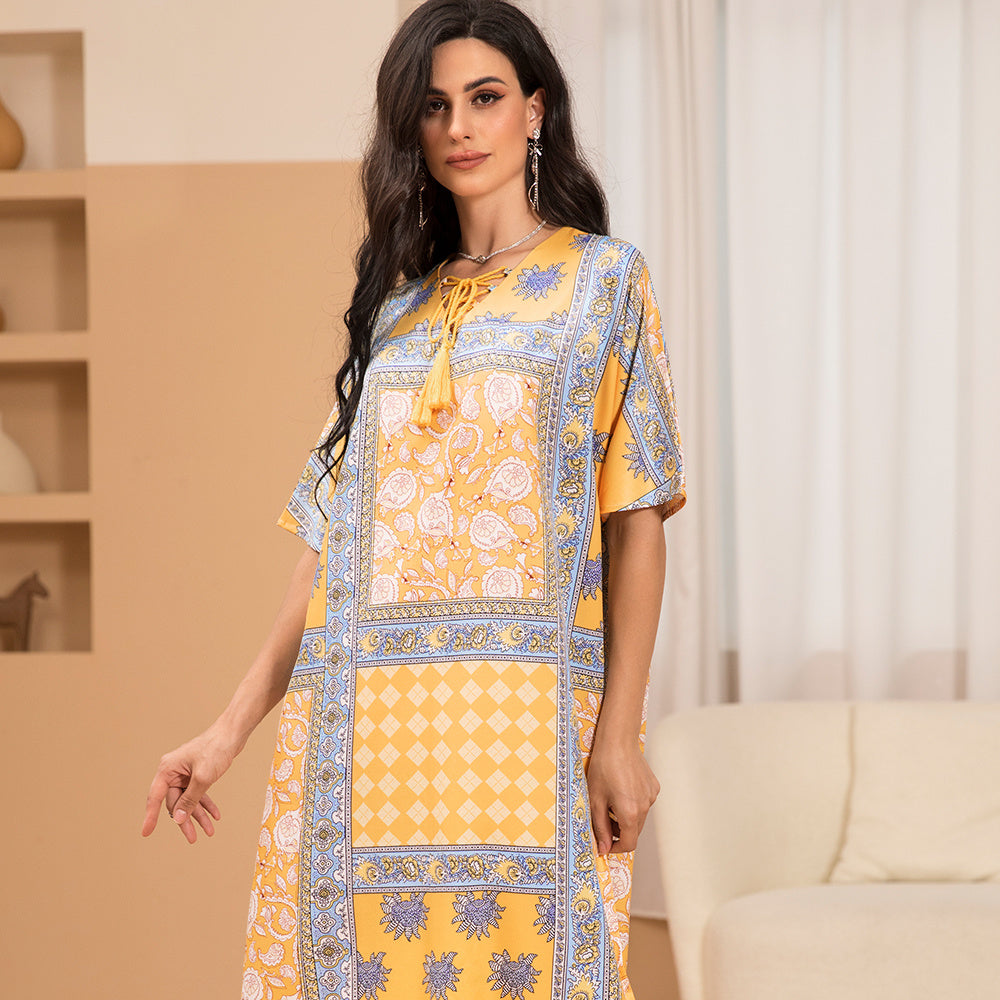 Sweet V-neck Printing Tassel Regular Sleeve Long Dresses
