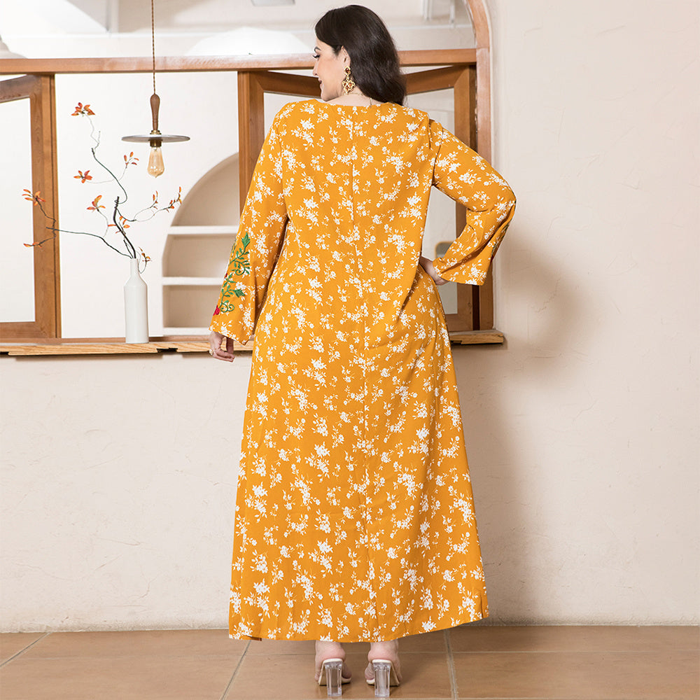 Sweet Round Neck Flowers Plant Embroidery Bandage Regular Sleeve Plus Size Dresses