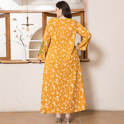 Sweet Round Neck Flowers Plant Embroidery Bandage Regular Sleeve Plus Size Dresses