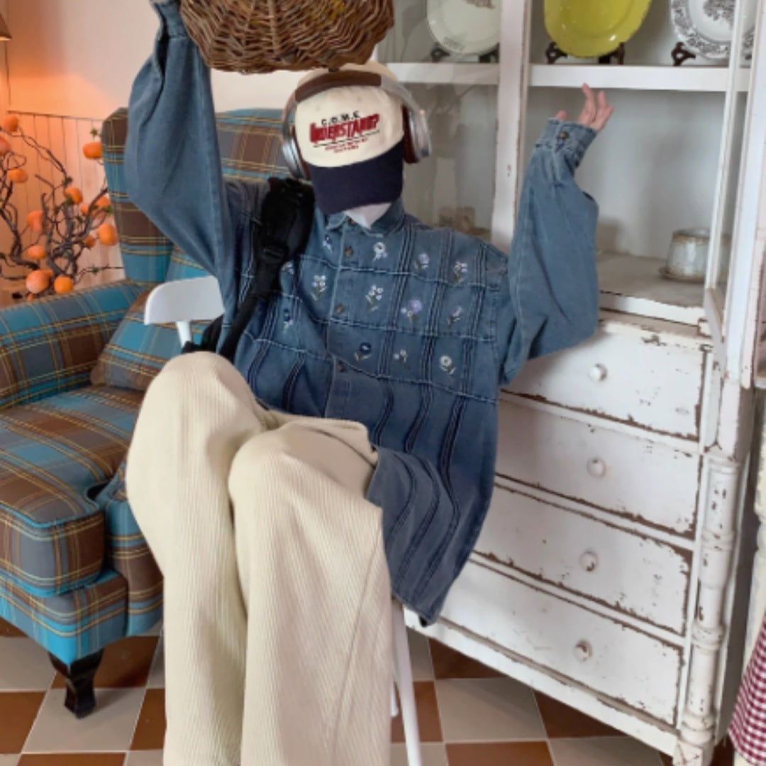 Vintage Small Floral Pleated Washed Denim Long Sleeved Shirt