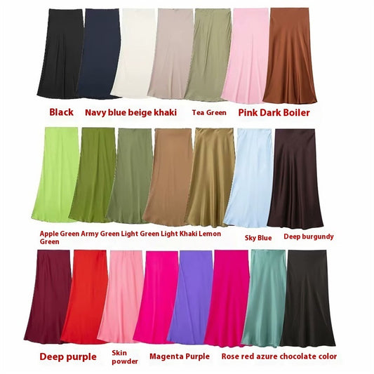Solid Color Slim Silk Satin Texture Midi Skirt