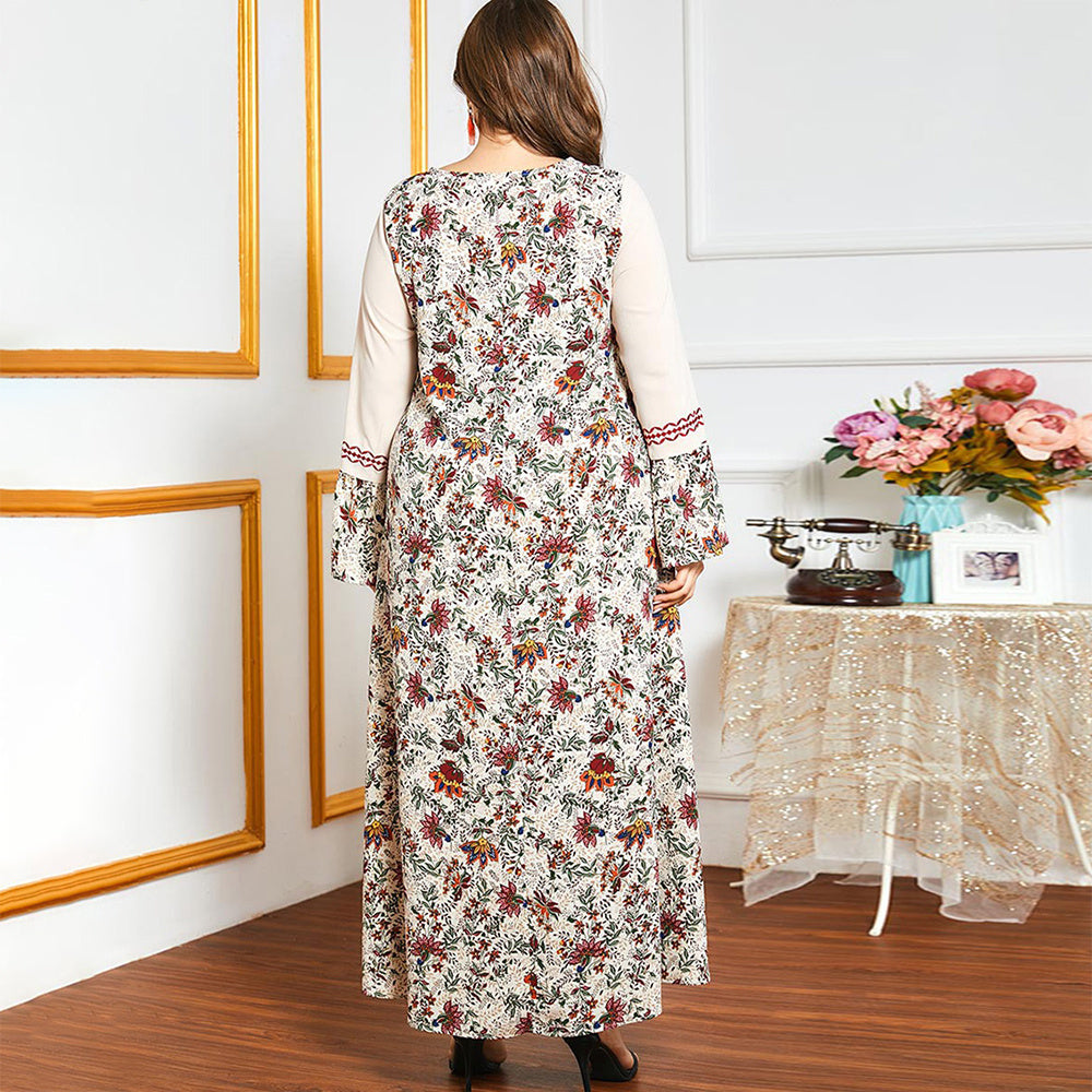 Female Sweet Round Neck Floral Loose Plus Size Dress