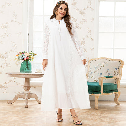Holiday Style Lapel Solid Color Flowers Embroidery Lining Shirt Sleeve Long Dresses White