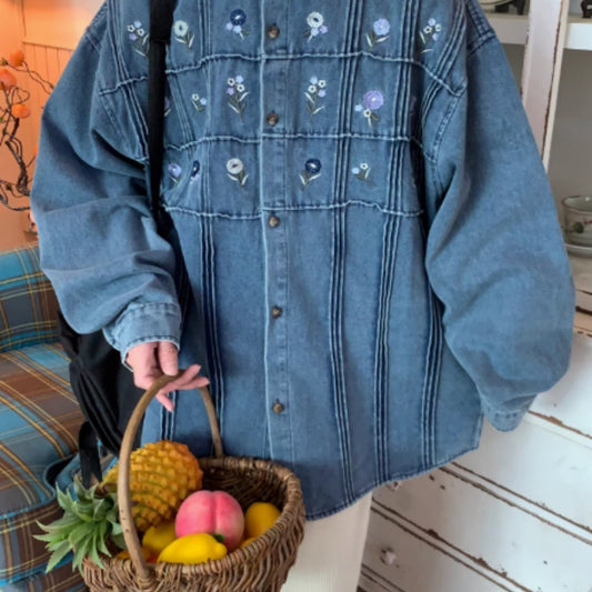 Vintage Small Floral Pleated Washed Denim Long Sleeved Shirt