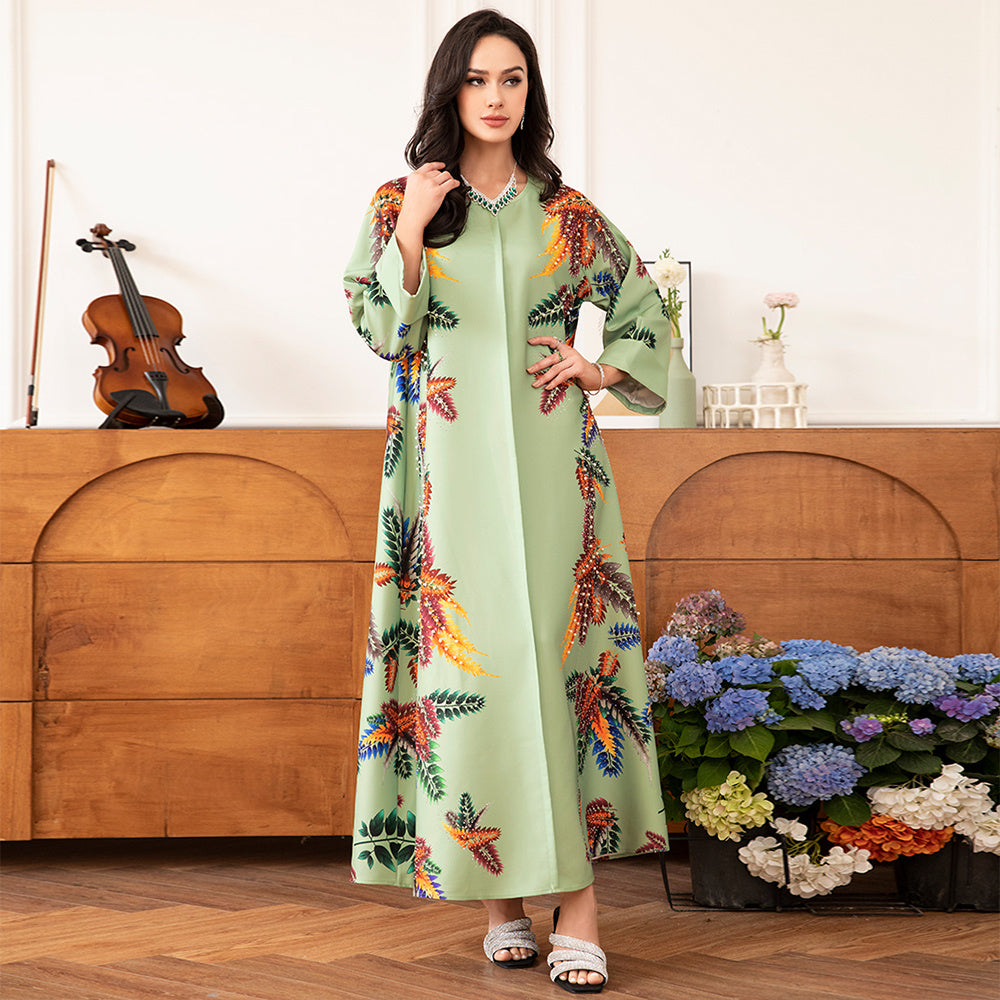 Elegant Style Holiday Style Round Neck Flowers Plant Bead Rhinestone Regular Sleeve Kaftan Light Green