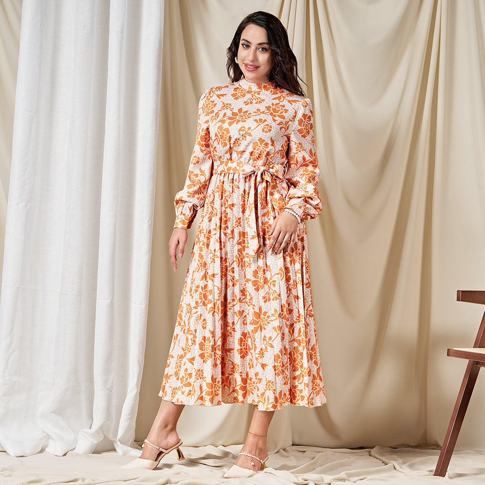 Sweet High Collar Flowers Pleated Belt Shirt Sleeve Mid Dresses