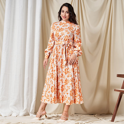 Sweet High Collar Flowers Pleated Belt Shirt Sleeve Mid Dresses