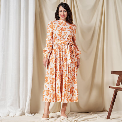 Sweet High Collar Flowers Pleated Belt Shirt Sleeve Mid Dresses
