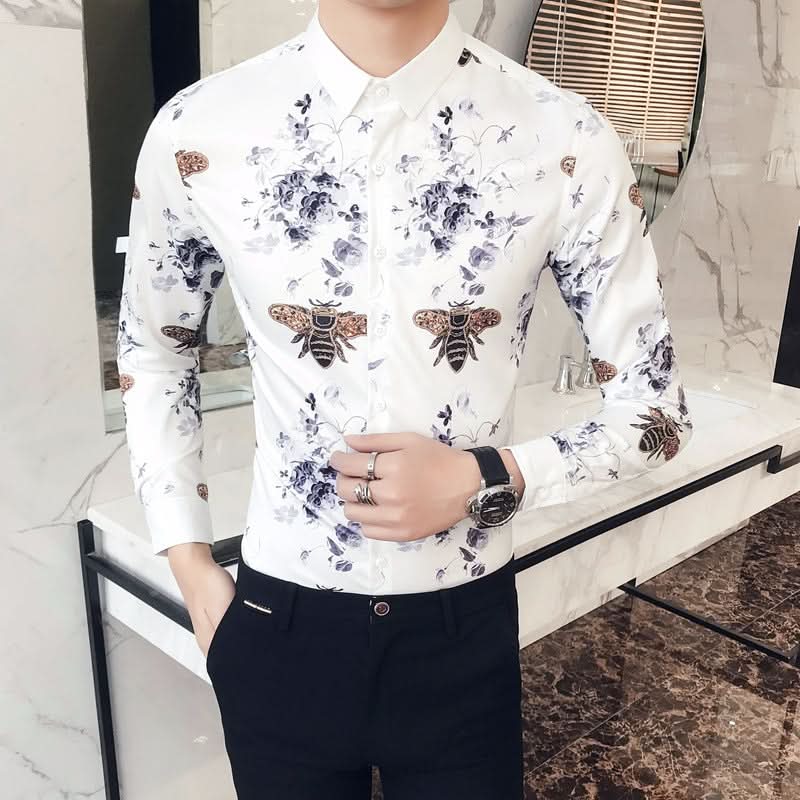 Black Rose Pattern Digital Printing Men's Long-sleeved Shirt