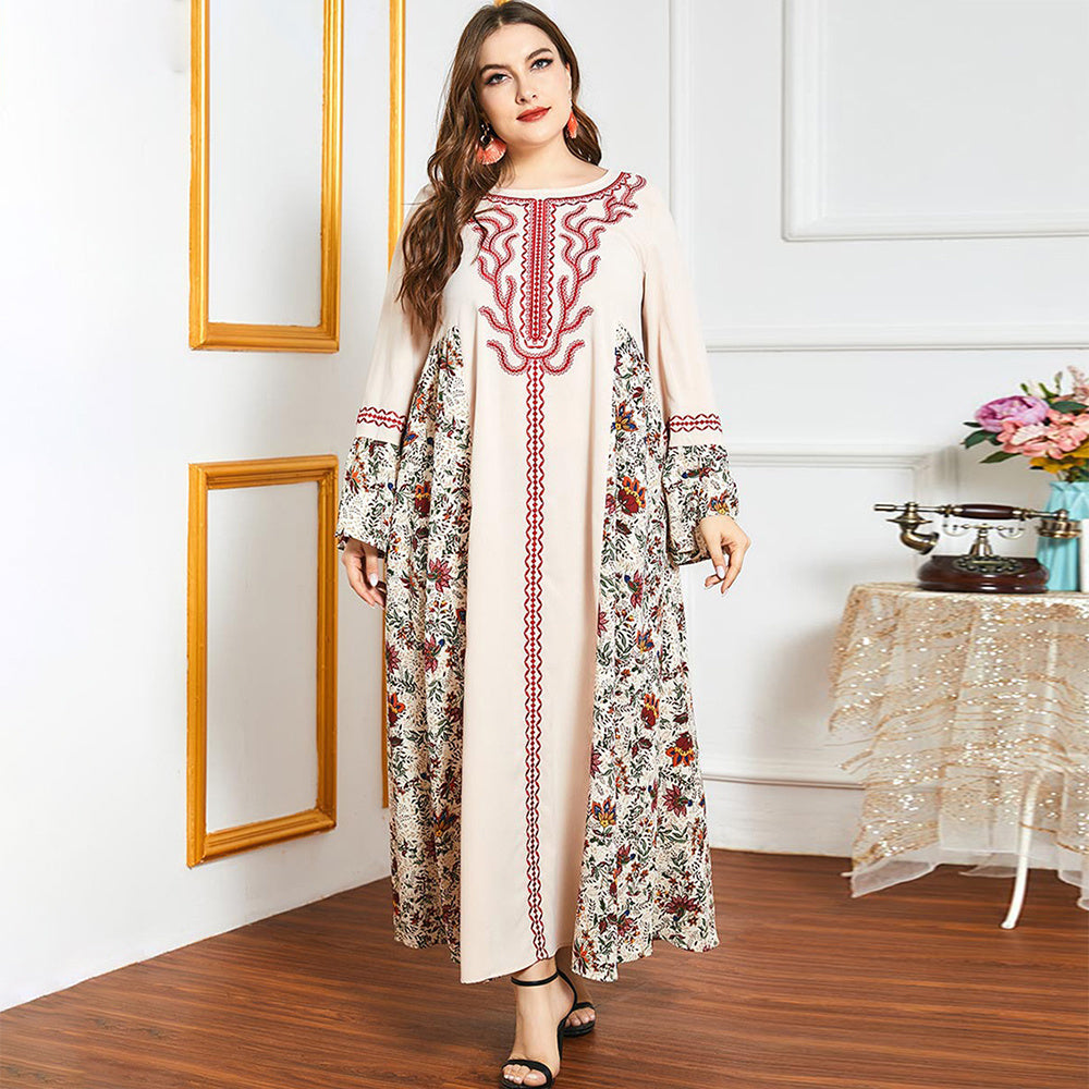 Female Sweet Round Neck Floral Loose Plus Size Dress