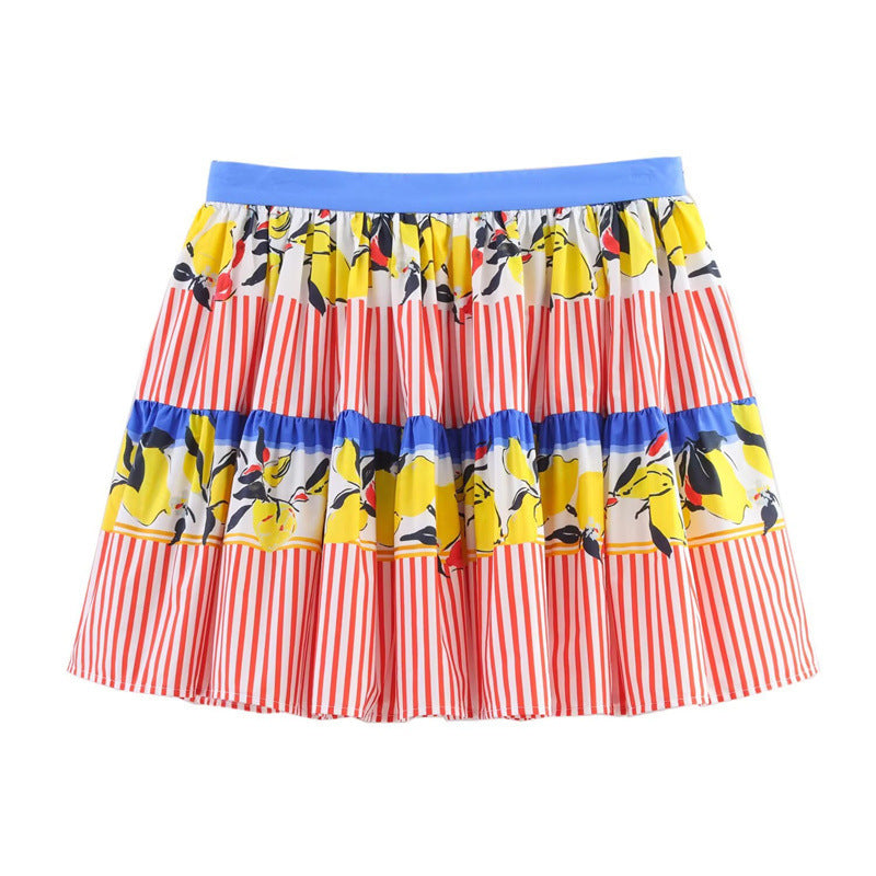 New Summer Contrast Color Lemon Printing Skirt