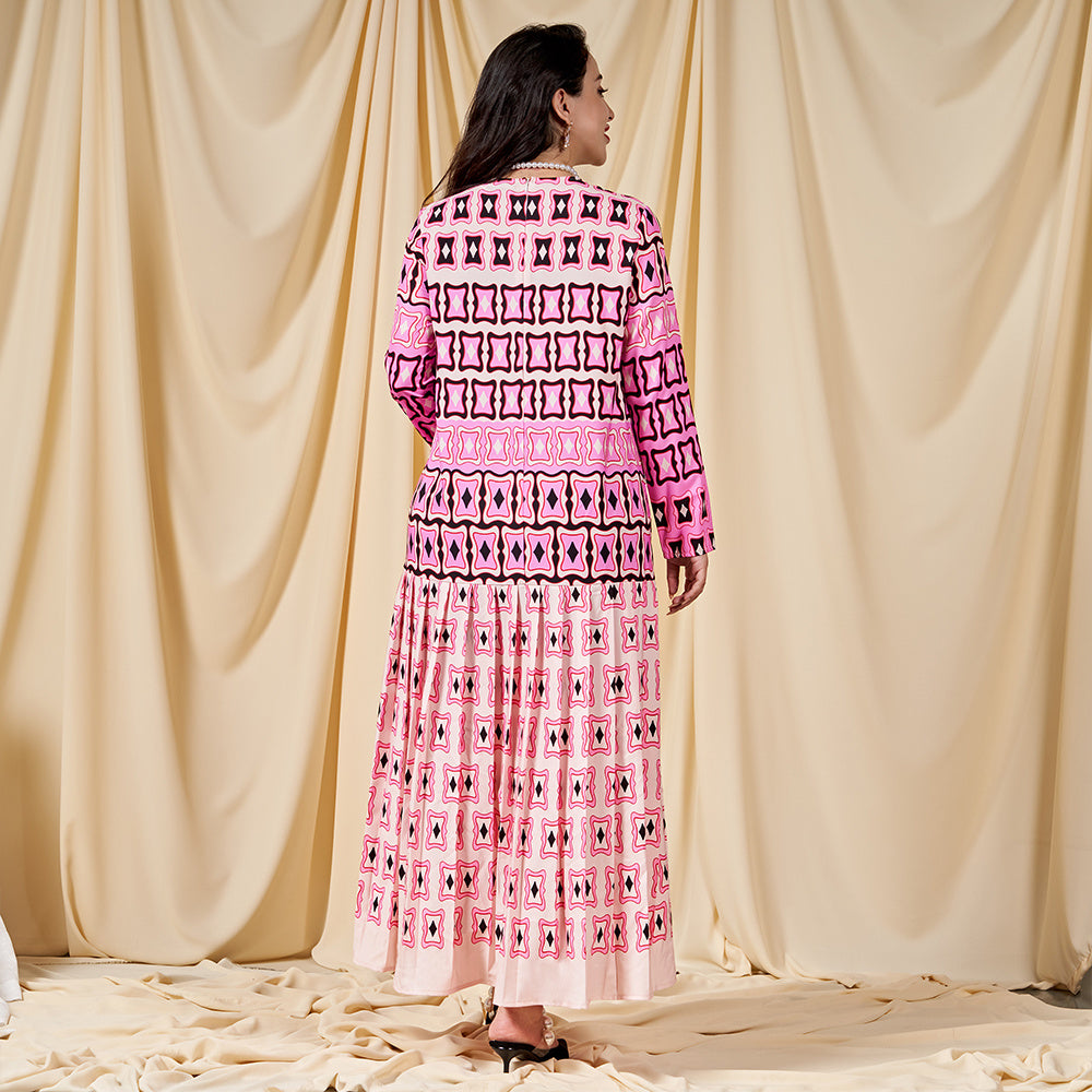 Sweet Round Neck Printing Pleated Regular Sleeve Long Dresses
